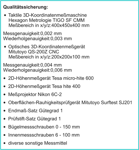 Qualitätssicherung: •	Taktile 3D-Koordinatenmeßmaschine  Hexagon Metrologie TIGO SF CMMMeßbereich in x/y/z:400x450x400 mm Messgenauigkeit:0,002 mmWiederholgenauigkeit:0,003 mm •	Optisches 3D-Koordinatenmeßgerät Mitutoyo QS-200Z CNCMeßbereich in x/y/z:200x200x100 mm Messgenauigkeit:0,004 mmWiederholgenauigkeit:0,006 mm •	2D-Höhenmeßgerät Tesa micro-hite 600 •	2D-Höhenmeßgerät Tesa hite 400 •	Meßprojektor Nikon 6C-2 •	Oberflächen-Rauhigkeitsprüfgerät Mitutoyo Surftest SJ201 •	Endmaß-Satz Gütegrad 1 •	Prüfstift-Satz Gütegrad 1 •	Bügelmessschrauben 0 - 150 mm •	Innenmessschrauben 6 - 100 mm •	diverse sonstige Messmittel